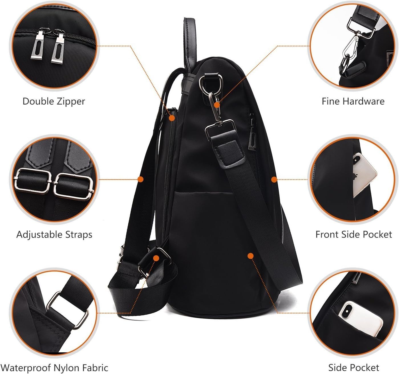 Toomoke Rucksack Cityrucksäcke Damen Anti-Diebstahl, Nylon, wasserabweisend, leicht, Rucksacktaschen 2-in-1, Schultertasche, 32 x 14 x 34 cm, Reise Alltag Bild 5