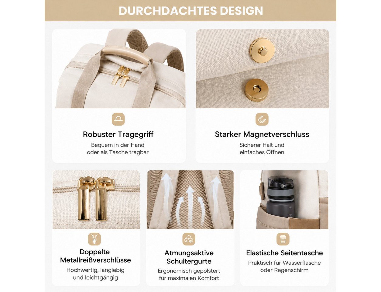 Fyrove Freizeitrucksack Damen Rucksack mit Handtasche, Laptopfach, wasserabweisend, Beige (Zweiteiler, Modischer Business Rucksack mit 16 Fächern), viel Stauraum und praktischem Zubehör