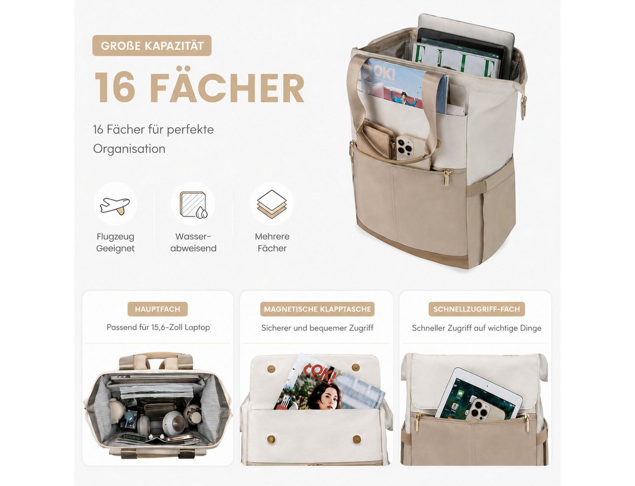 Fyrove Freizeitrucksack Damen Rucksack mit Handtasche, Laptopfach, wasserabweisend, Beige (Zweiteiler, Modischer Business Rucksack mit 16 Fächern), viel Stauraum und praktischem Zubehör Bild 2