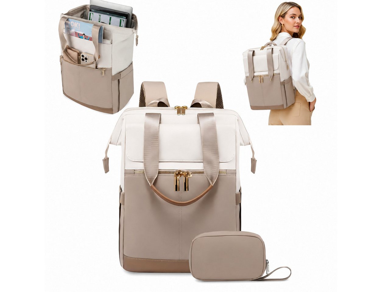Fyrove Freizeitrucksack Damen Rucksack mit Handtasche, Laptopfach, wasserabweisend, Beige (Zweiteiler, Modischer Business Rucksack mit 16 Fächern), viel Stauraum und praktischem Zubehör Bild 3
