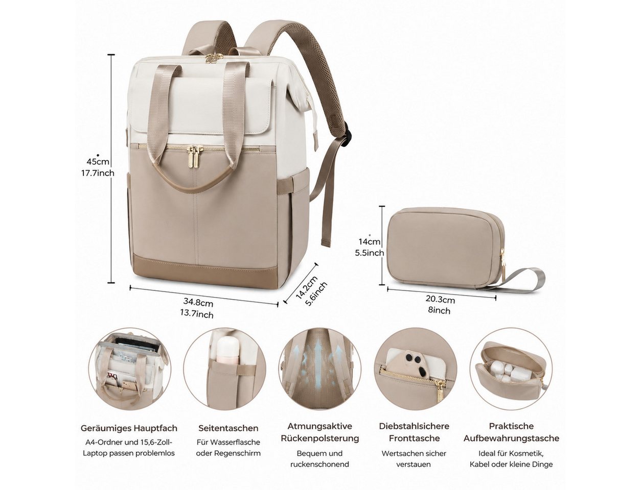 Fyrove Freizeitrucksack Damen Rucksack mit Handtasche, Laptopfach, wasserabweisend, Beige (Zweiteiler, Modischer Business Rucksack mit 16 Fächern), viel Stauraum und praktischem Zubehör Bild 4