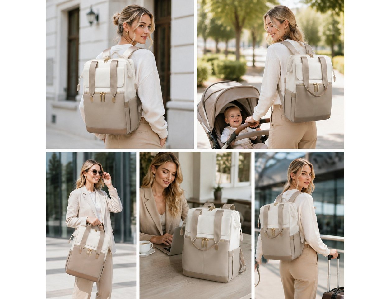 Fyrove Freizeitrucksack Damen Rucksack mit Handtasche, Laptopfach, wasserabweisend, Beige (Zweiteiler, Modischer Business Rucksack mit 16 Fächern), viel Stauraum und praktischem Zubehör Bild 5