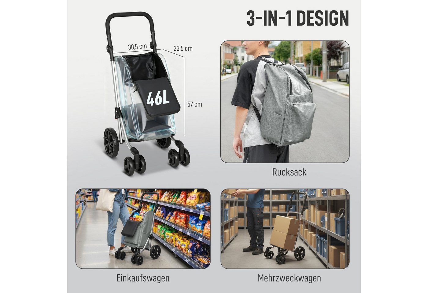 HOMCOM Einkaufstrolley Einkaufswagen Einkaufsroller mit abnehmbarer Tasche, 46 l, Aluminiumrahmen, Grau