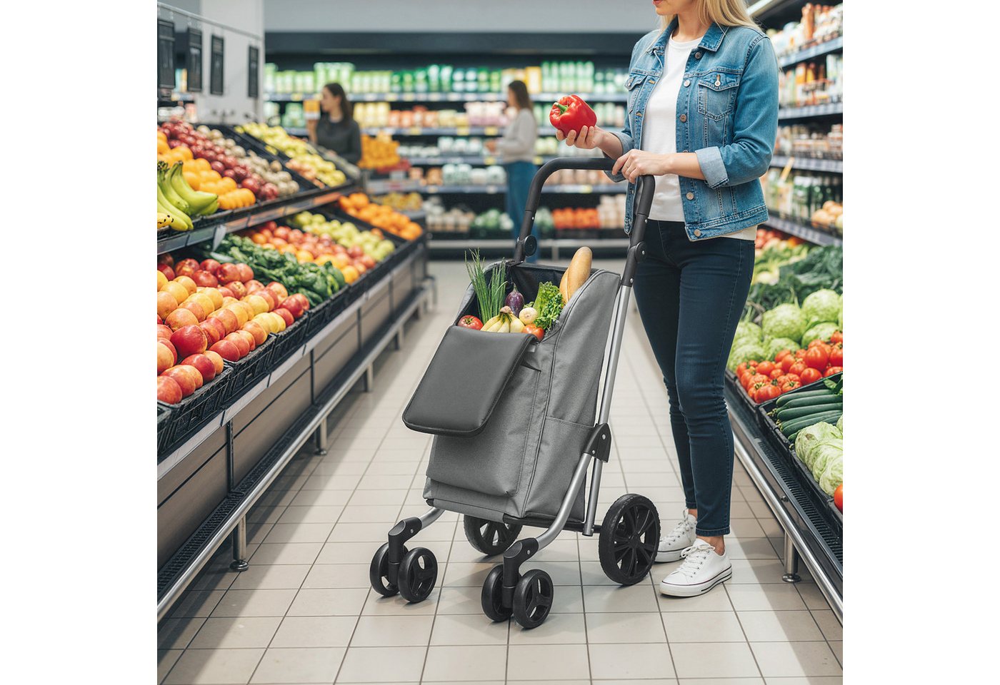HOMCOM Einkaufstrolley Einkaufswagen Einkaufsroller mit abnehmbarer Tasche, 46 l, Aluminiumrahmen, Grau Bild 2