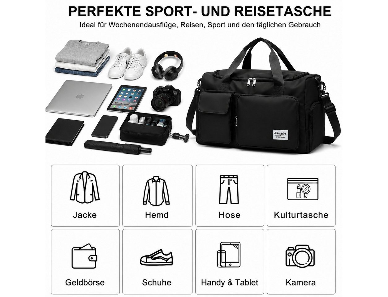 Toomoke Reisetasche Sporttasche mit Schuhfach und Nassfach für Herren Damen Wasserdicht (Trainings Tasche, Sport Bag für Sport & Reisen, mit verstellbaren Schultergurten,Schuhfach und Nassfach), Praktisches und leichtes Design Bild 3