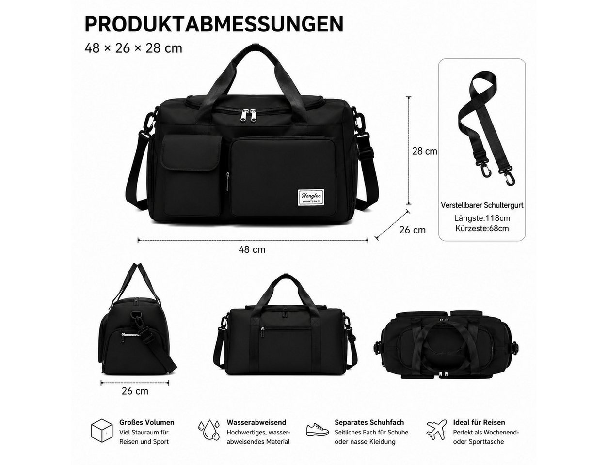 Toomoke Reisetasche Sporttasche mit Schuhfach und Nassfach für Herren Damen Wasserdicht (Trainings Tasche, Sport Bag für Sport & Reisen, mit verstellbaren Schultergurten,Schuhfach und Nassfach), Praktisches und leichtes Design Bild 4