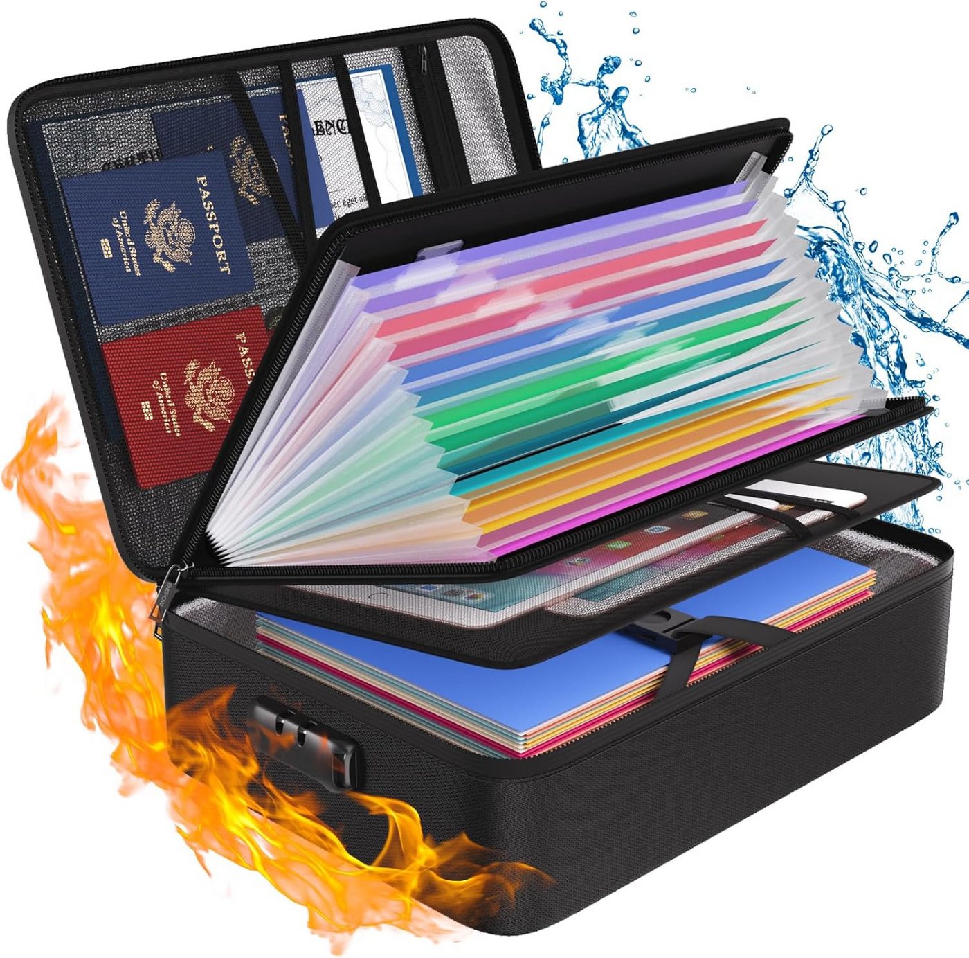 Fyrove Dokumententasche Feuerfeste Dokumentenmappe mit Zahlenschloss,Ordner mit 13 Fächern (für Dokumente, Reisepässe und Wertsachen), Dokumententasche,handtasche,wasserdicht,36 × 27 × 10 cm Bild 2
