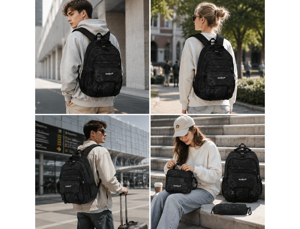 ibettertec Rucksack Rucksack Set 3 Teile Schulrucksack Tasche Federmappe Freizeit (Praktischer 3-in-1 Rucksack, mit passender Umhängetasche und Mäppchen), ideal für Alltag, Studium und Reisen