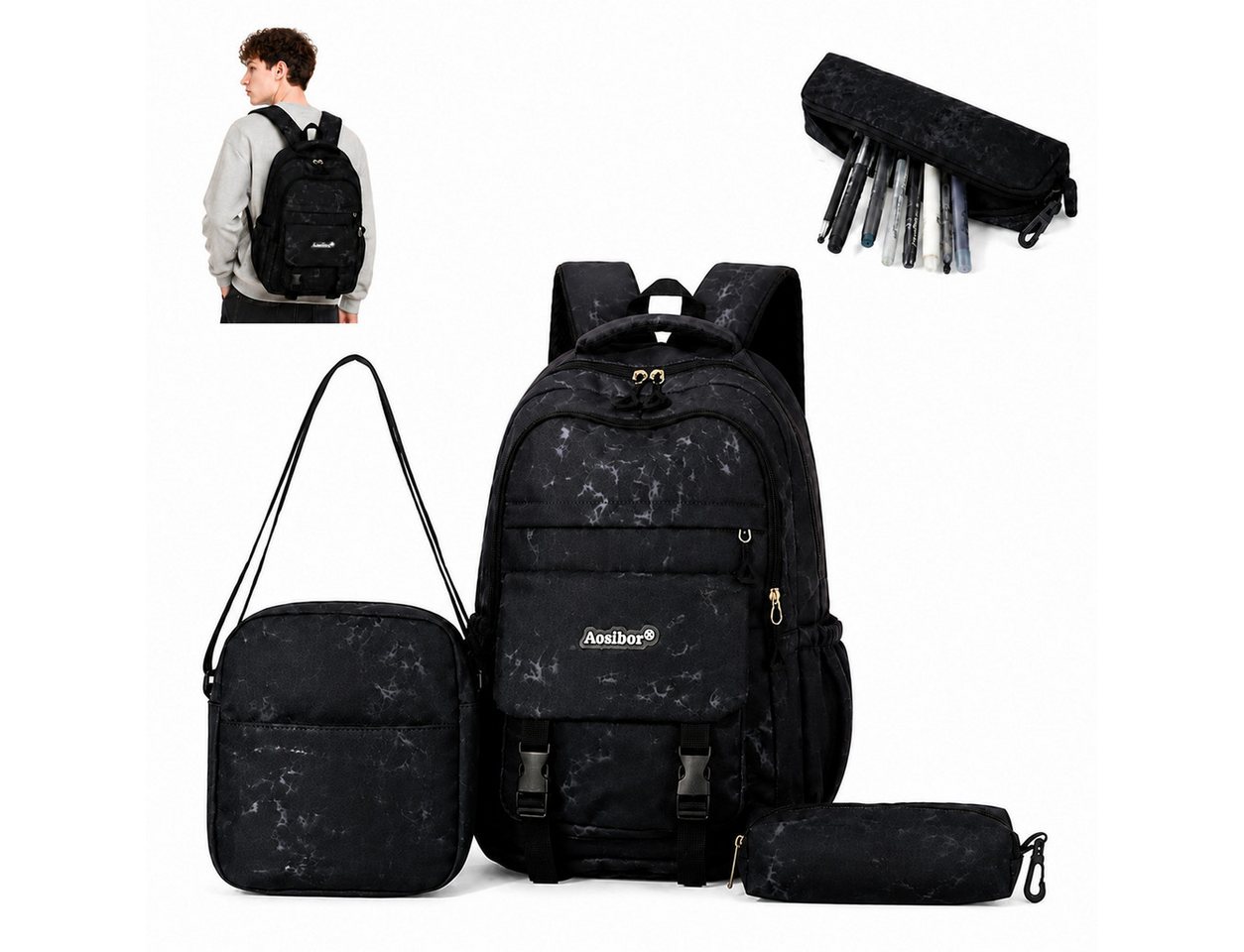 ibettertec Rucksack Rucksack Set 3 Teile Schulrucksack Tasche Federmappe Freizeit (Praktischer 3-in-1 Rucksack, mit passender Umhängetasche und Mäppchen), ideal für Alltag, Studium und Reisen Bild 2