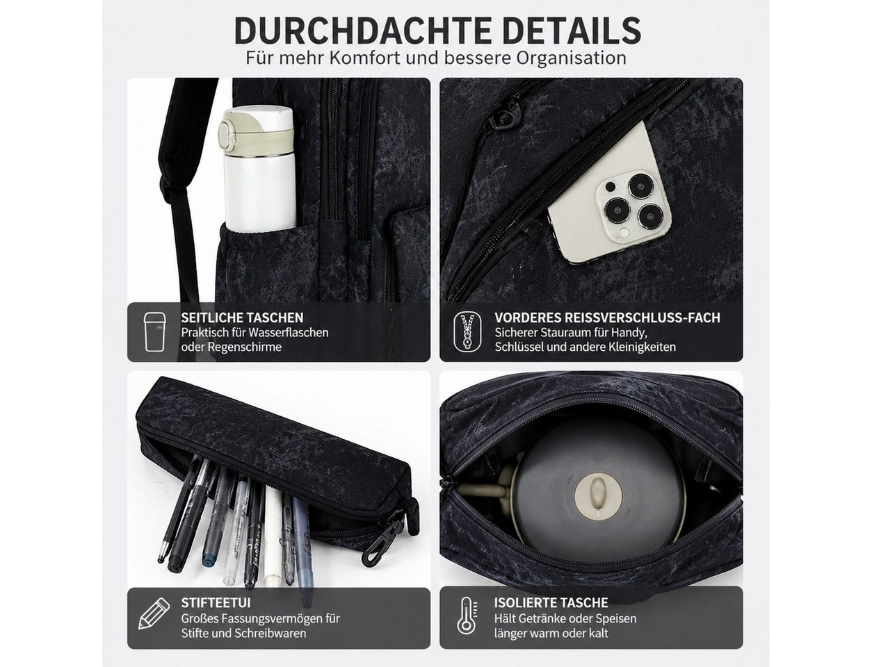 ibettertec Rucksack Rucksack Set 3 Teile Schulrucksack Tasche Federmappe Freizeit (Praktischer 3-in-1 Rucksack, mit passender Umhängetasche und Mäppchen), ideal für Alltag, Studium und Reisen Bild 3