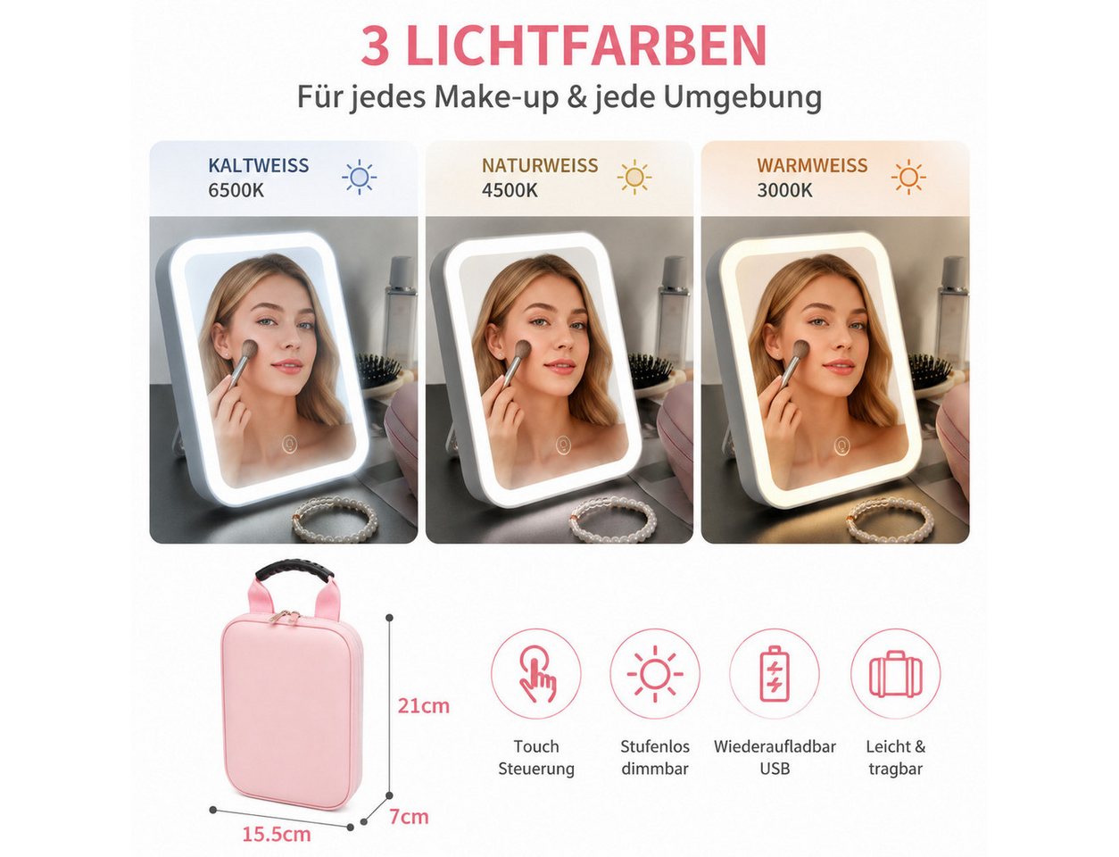ibettertec Kosmetiktasche LED Kosmetikkoffer mit Spiegel, 3 Lichtfarben, Reise Make-up Tasche (Große Make-up Tasche mit abnehmbarem LED Spiegel, USB-Aufladung und praktischer Fächeraufteilung), für Zuhause & Reisen