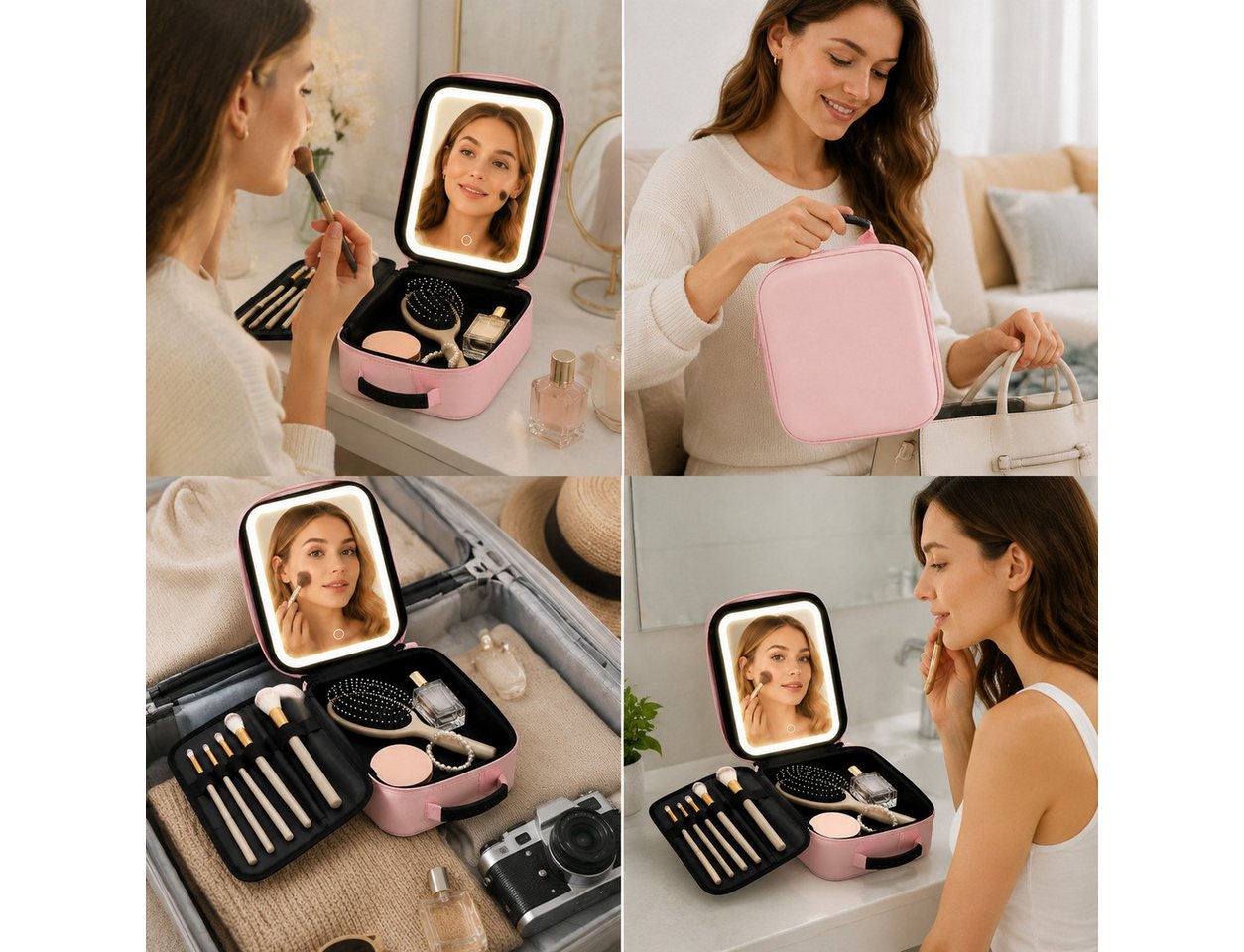 ibettertec Kosmetiktasche LED Kosmetikkoffer mit Spiegel, 3 Lichtfarben, Reise Make-up Tasche (Große Make-up Tasche mit abnehmbarem LED Spiegel, USB-Aufladung und praktischer Fächeraufteilung), für Zuhause & Reisen Bild 2