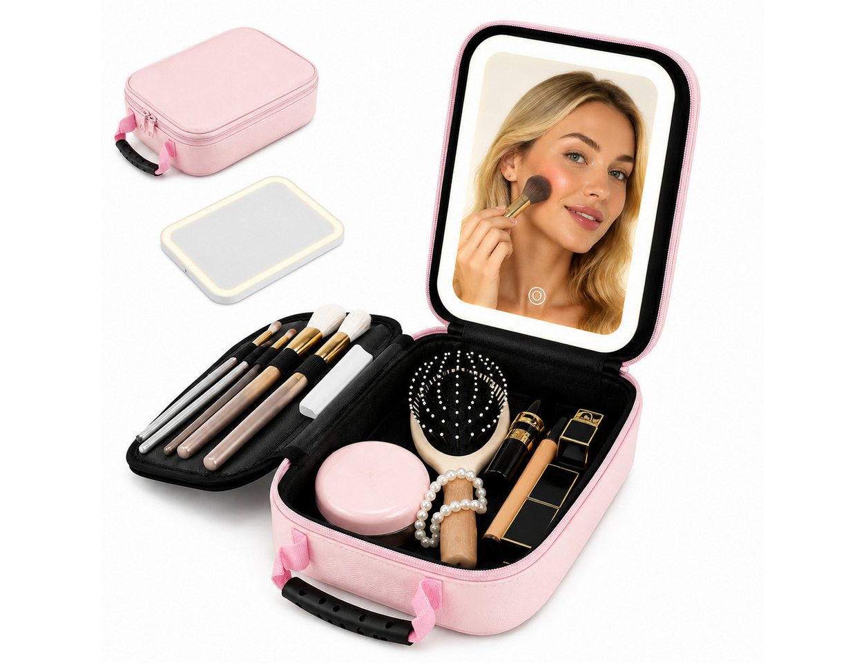 ibettertec Kosmetiktasche LED Kosmetikkoffer mit Spiegel, 3 Lichtfarben, Reise Make-up Tasche (Große Make-up Tasche mit abnehmbarem LED Spiegel, USB-Aufladung und praktischer Fächeraufteilung), für Zuhause & Reisen Bild 4