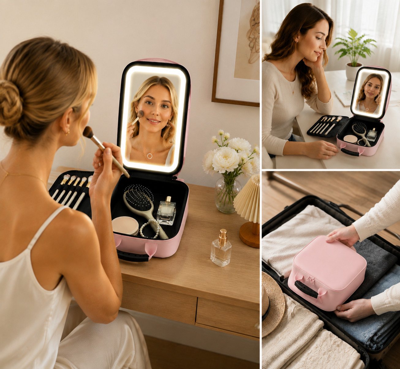 ibettertec Kosmetiktasche LED Kosmetikkoffer mit Spiegel, 3 Lichtfarben, Reise Make-up Tasche (Große Make-up Tasche mit abnehmbarem LED Spiegel, USB-Aufladung und praktischer Fächeraufteilung), für Zuhause & Reisen Bild 5