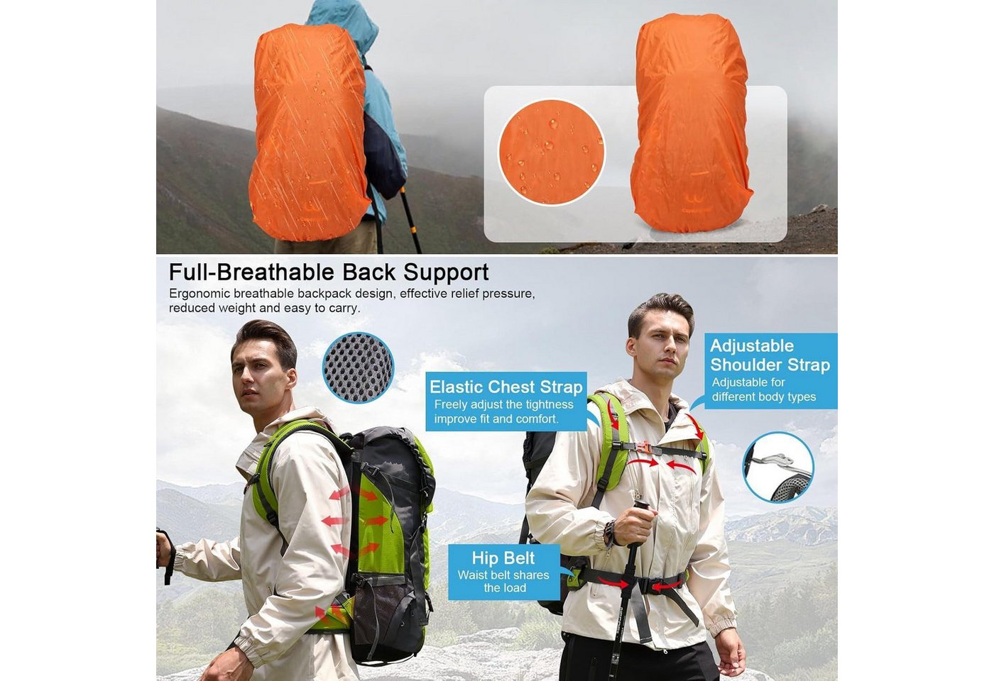 Toomoke Tourenrucksack Wanderrucksack 70L,Oxford Rucksack,Reiserucksack Camping Rucksack (Trekkingrucksack für Wandern, Klettern, Reisen Sport, mit Regenhülle, wasserfest & belüftetem Rücken), Separatem Schuhfach, wasserdicht, ultraleicht und reißfest Bild 2
