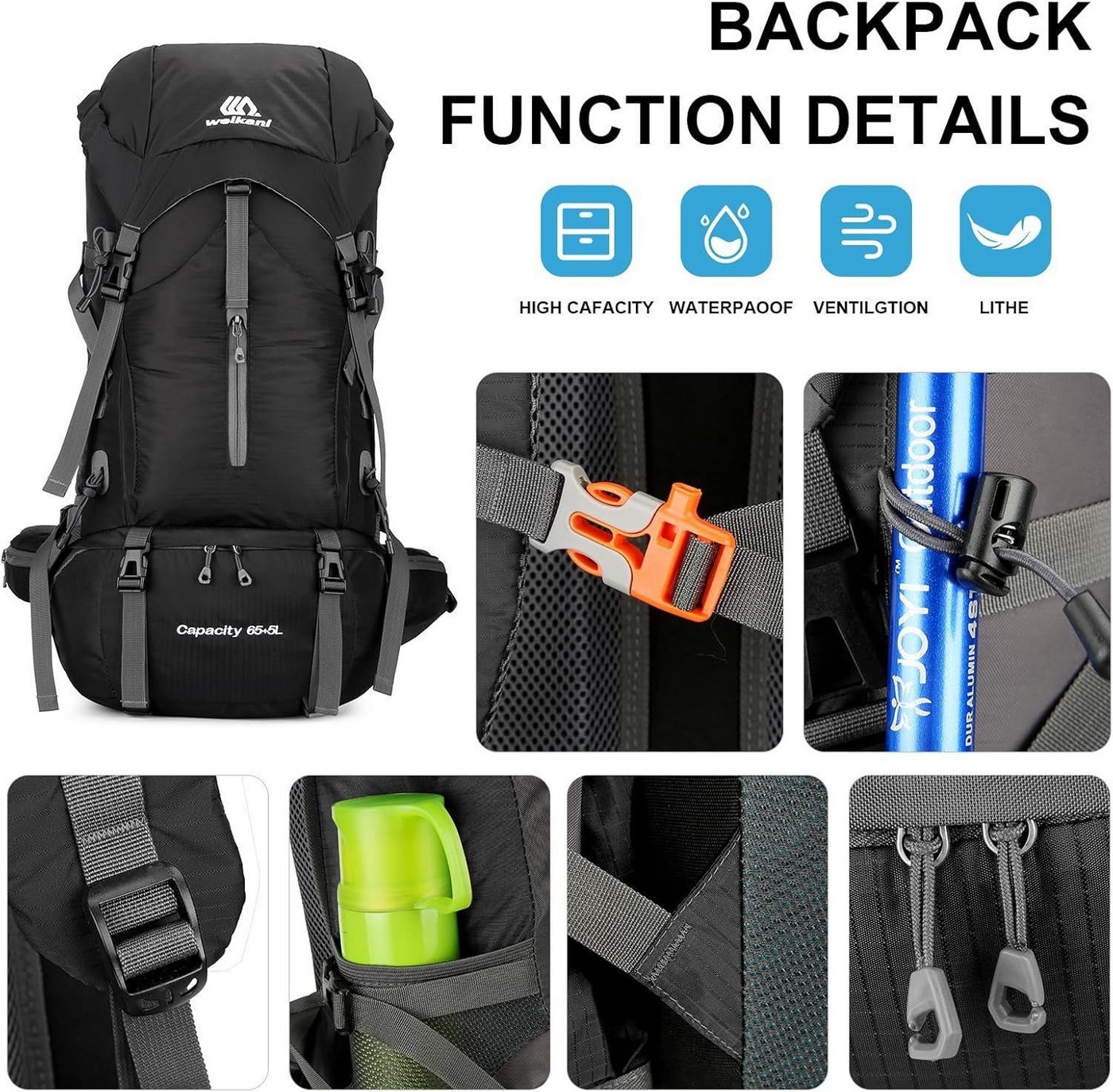 Toomoke Tourenrucksack Wanderrucksack 70L,Oxford Rucksack,Reiserucksack Camping Rucksack (Trekkingrucksack für Wandern, Klettern, Reisen Sport, mit Regenhülle, wasserfest & belüftetem Rücken), Separatem Schuhfach, wasserdicht, ultraleicht und reißfest Bild 5