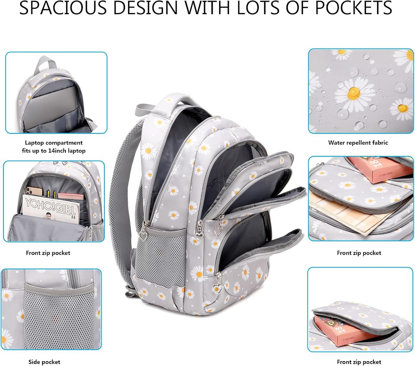 MOPUEA Schulrucksack Schulrucksack Set 3-teilig Wasserabweisend Ergonomisch Atmungsaktiv, Büchertasche Schultasche mit Lunchbox und Federmäppchen Tagesrucksäcke Bild 4