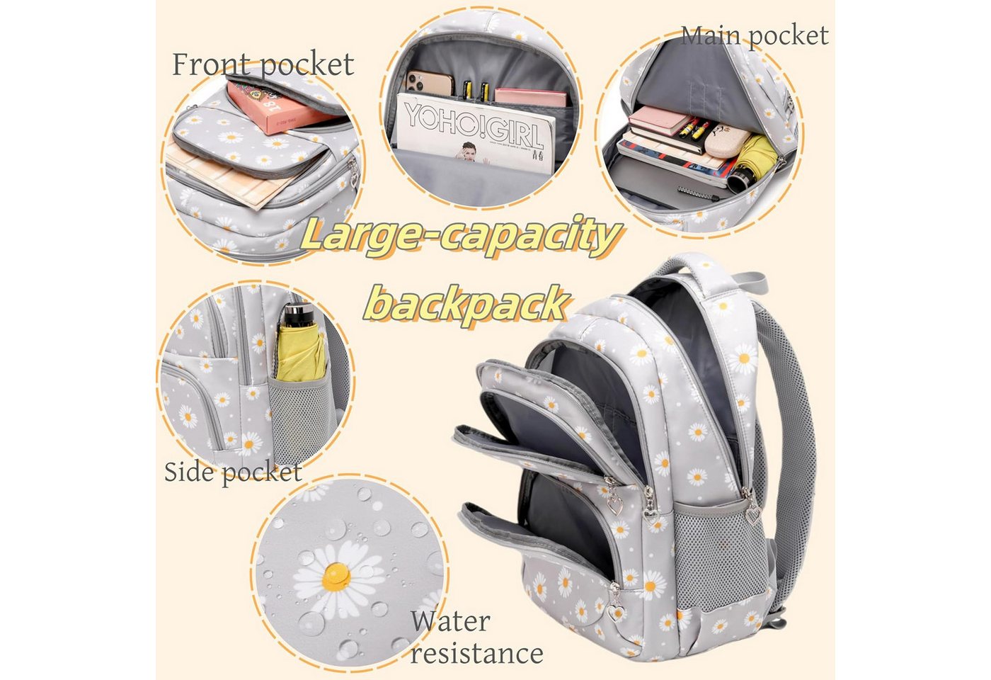 MOPUEA Schulrucksack Schulrucksack Set 3-teilig Wasserabweisend Ergonomisch Atmungsaktiv, Büchertasche Schultasche mit Lunchbox und Federmäppchen Tagesrucksäcke Bild 5