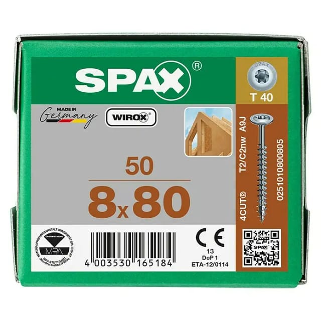 Banyo - spax hi.force, 8 x 80 mm, 50 Stück, Vollgewinde, Tellerkopf, t-star plus T40, 4CUT, wirox - 0251010800805