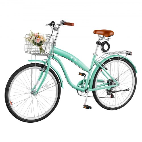 VEVOR Damenfahrrad 26 Zoll Cruiser-Fahrrad 150 kg 7-Gang Citybike Hellgrün, für Pendelfahrten Besorgungen und Strandfahrten, mit verstellbarem PU-Sattel, V-Bremsen, 50-kg-Gepäckträger und Werkzeugsatz