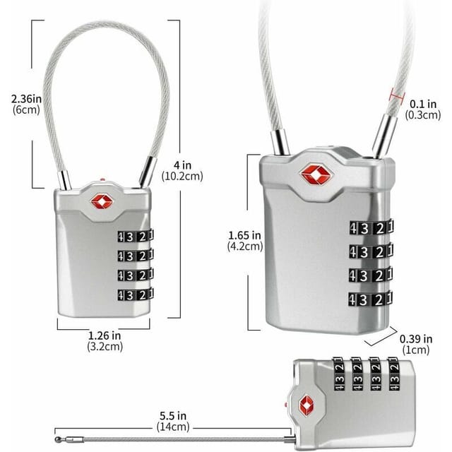 4-stelliges Zahlenschloss für Gepäck, Reisekoffer und Spinde in der Uni mit Alarmfunktion bei geöffnetem Gepäck und Stahlkabel (Silber) – 1 Stück
