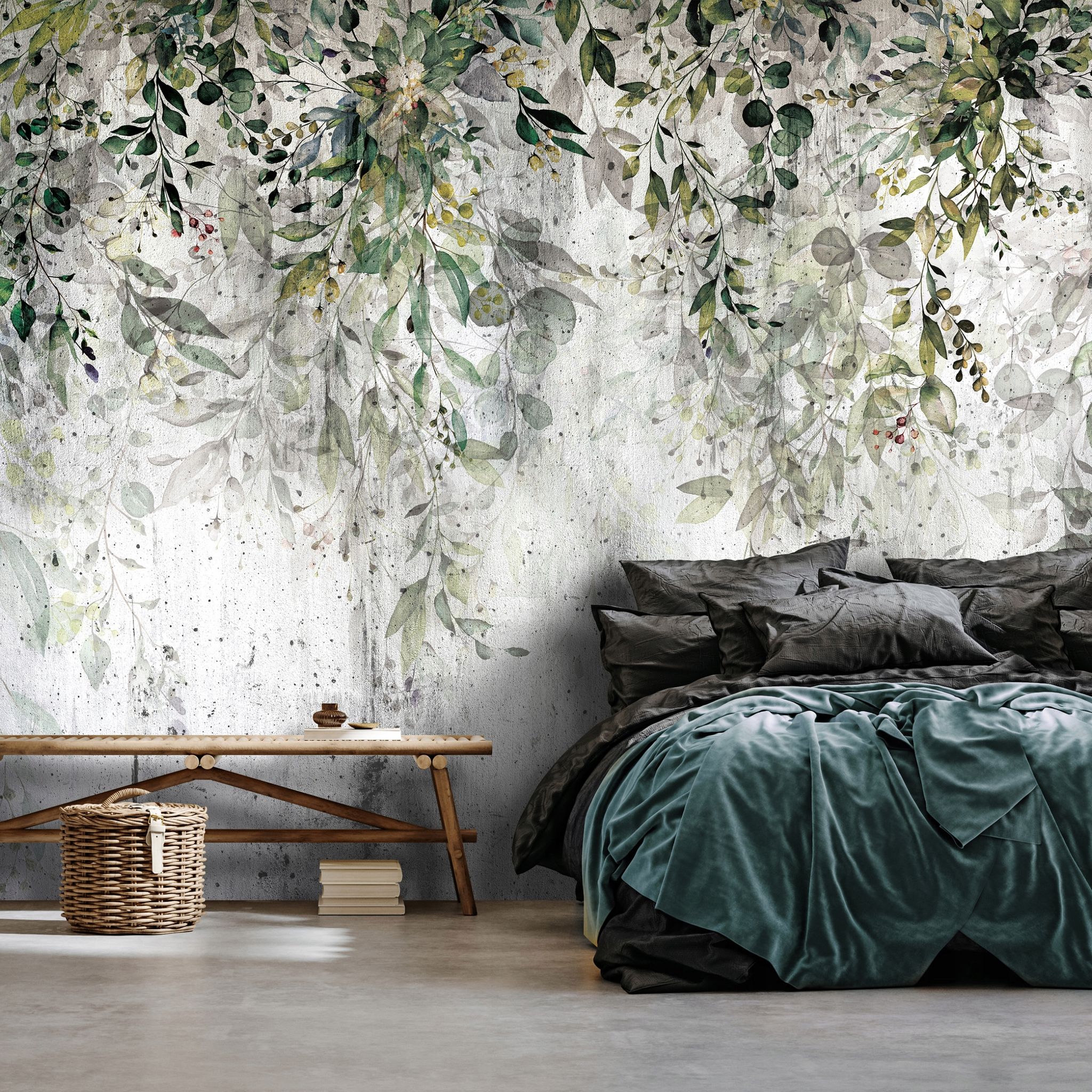Fototapete Blätter Grün Natur Beton, Für Wohnzimmer Und Schlafzimmer, 400 X 280 Cm – Komplettset Inkl. Kleister & Anleitung