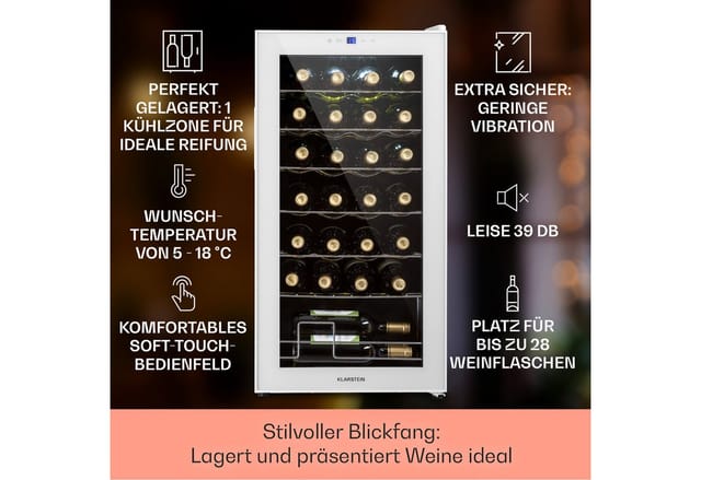Klarstein - Weinkühlschrank, 1 Zonen Getränkekühlschrank Klein, Freistehender Kleiner Weinschrank, 74L Wein-Kühlschrank mit Glastür, Indoor/Outdoor