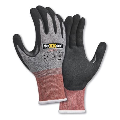 teXXor® Schnittschutz-Strickhandschuhe CUT F, Grau-meliert/Rot/Schwarz