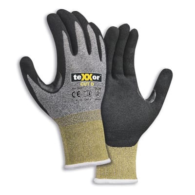 teXXor® Schnittschutz-Strickhandschuhe CUT D, Grau-meliert/Gelb/Schwarz