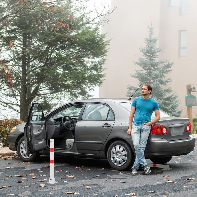 Absperrpfosten, klappbar, Stahl, Parkplatz Absperrung, h: 65 cm, abschließbar, runder Parkpfosten, weiß/rot - Relaxdays