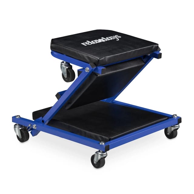 Rollbrett Werkstatt, 150 kg, 2in1 Rollsitz & Werkstattliege, klappbar, 360°drehbar, Auto, Stahl, schwarz/blau - Relaxdays