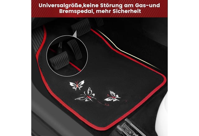 4-teilig Autofußmatten Set Universal, Fußmatten Auto Teppich mit Stickerei Butterfly, Wasserfest Antirutsch Abwaschbar Matte, Rot - Woltu