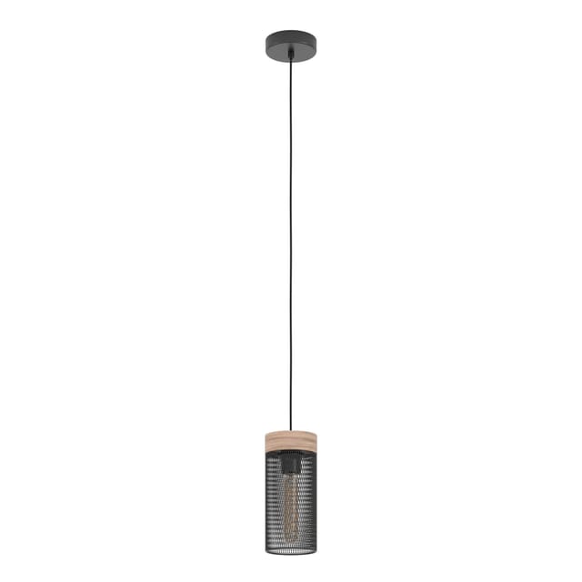 Hängelampe Klinsdale, Pendelleuchte Esstisch 1-flammig, Industrial Esszimmerlampe aus Holz in Nussbaum und Metall in Schwarz, Gitter Hängeleuchte mit