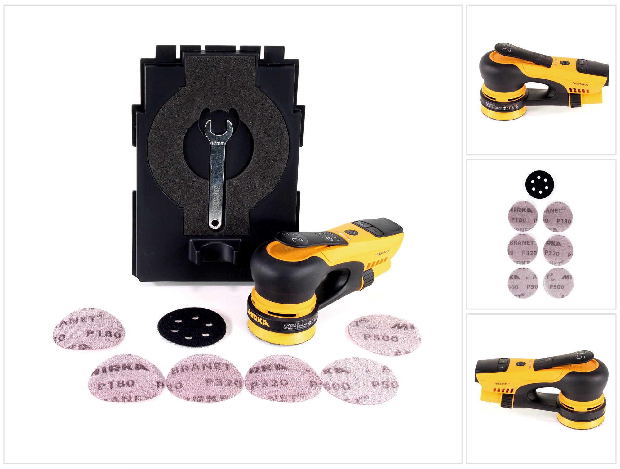 Mirka Deros 325cv 77mm Exzenterschleifer Hub 2,5mm 250w Brushless ( Mid3252011 ) + 6x Abranent Schleifscheibe