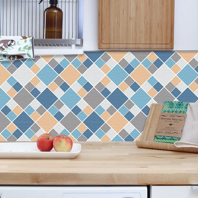 6 blau-gelb karierte Bodenfliesen (20 x 20 cm) – Selbstklebende Fliesen für Küche, Wohnzimmer, Bad und Inneneinrichtung. PVC