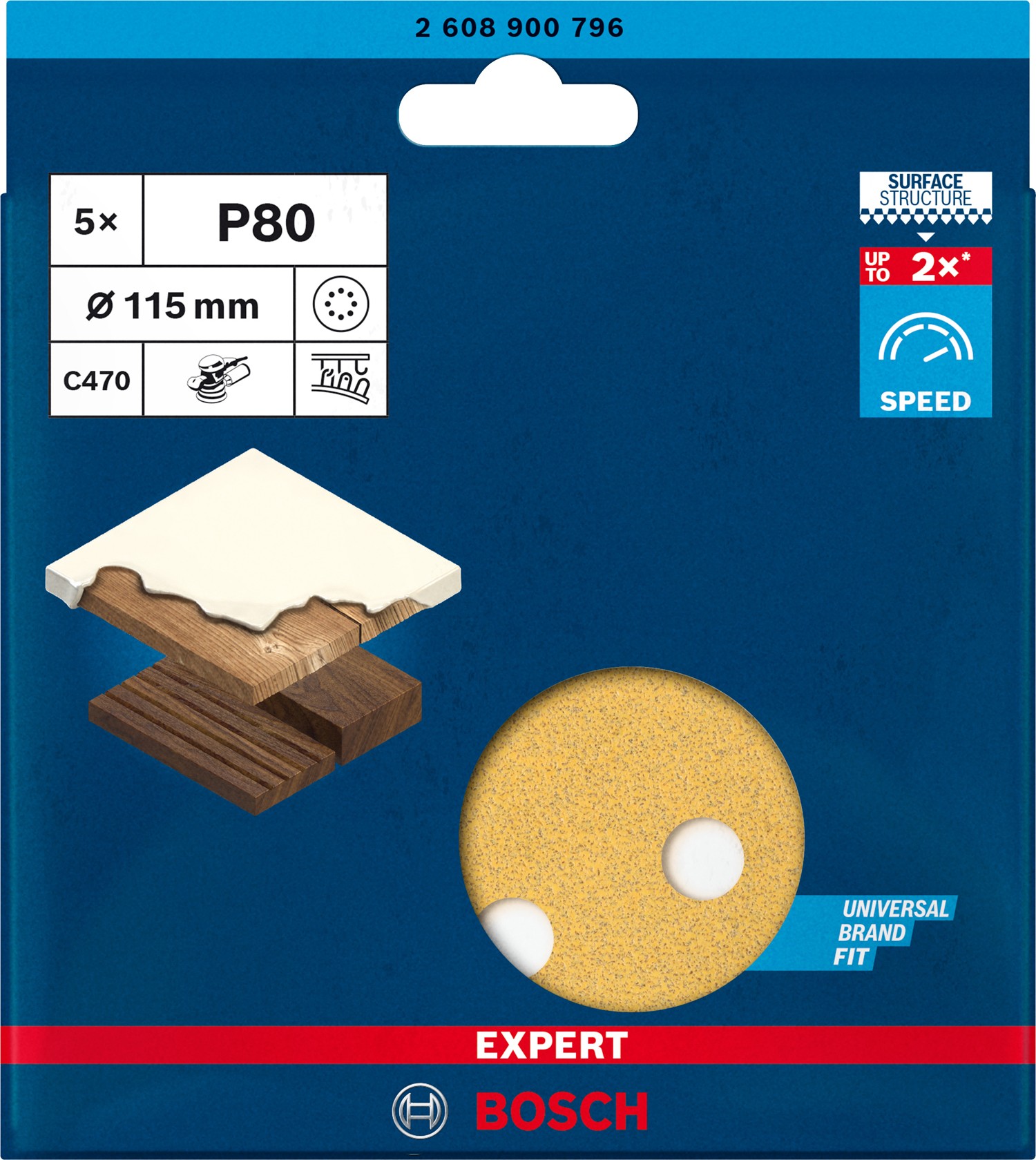 2608900796 - Kit 5 Fogli Bosch D.115mm P.80 8 Fori , Expert For Legno+vernice