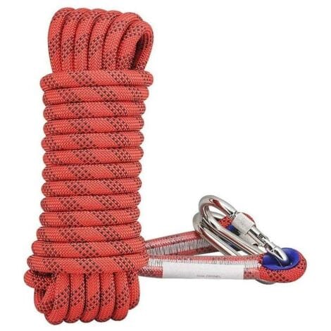 Sicherheitsseil, Nylonseil, Outdoor-kletterseil, Kletterseil, Rettungsseil, Abseilseil, 14-mm-kletterseil, Rot (20 Meter + 2 Karabinerhaken)