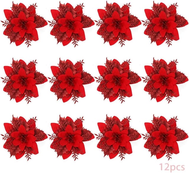 12pcs Weihnachtssimulationsblume, Weihnachtsstern Weihnachtsblume, Weihnachtsblume, Weihnachtsbaumdekoration, künstliche Weihnachtsblumen (Rot)