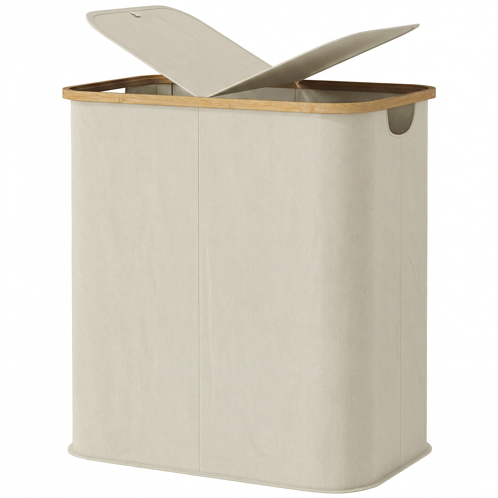 Faltbarer Wäschekorb 80l, Doppelwäschekorb, Beige, Mit Deckel Und Griffen