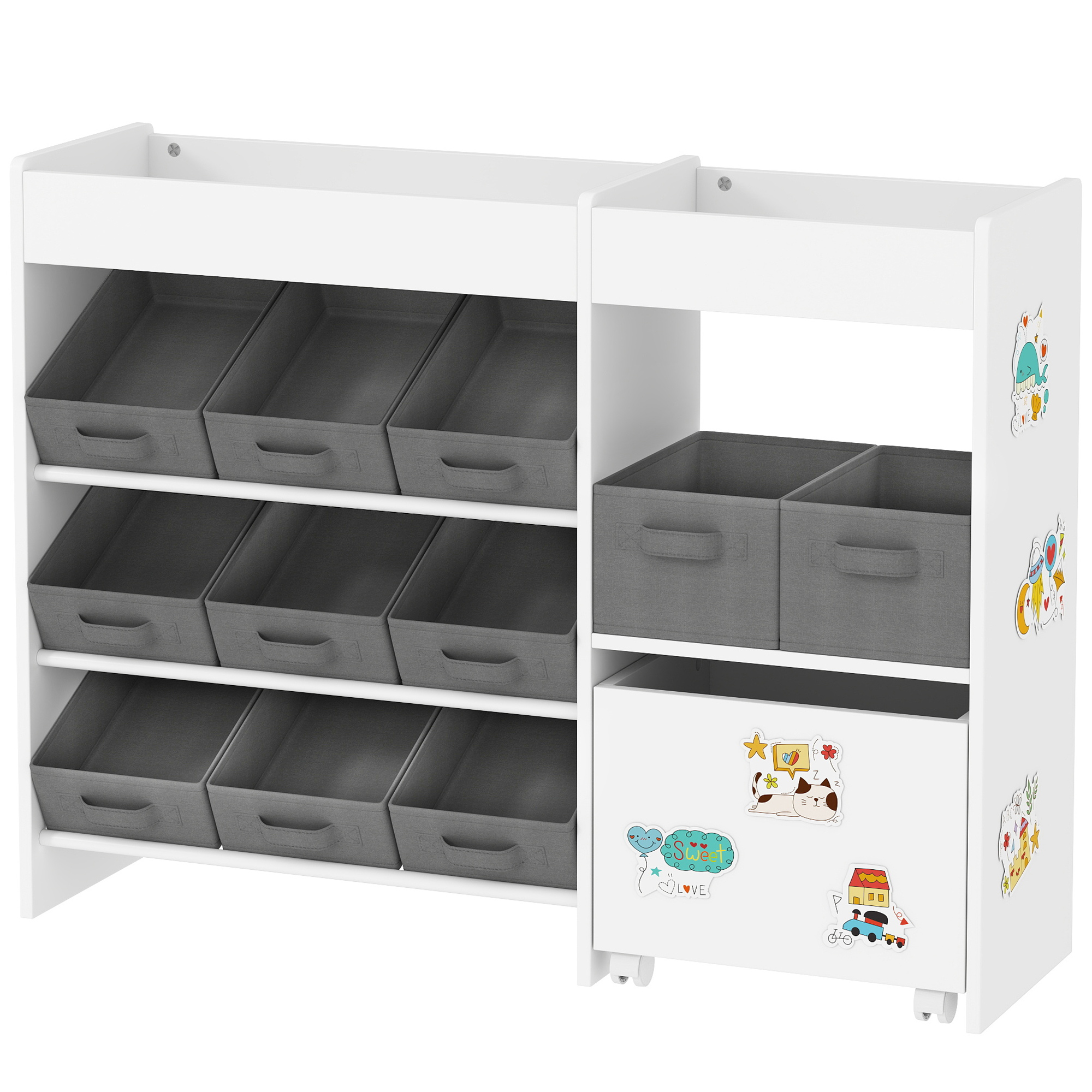 Kinderspielzeug- Und Bücherregal Mit 11 Aufbewahrungsboxen, Vliesstoff, 105 X 30 X 80 Cm, Weiß