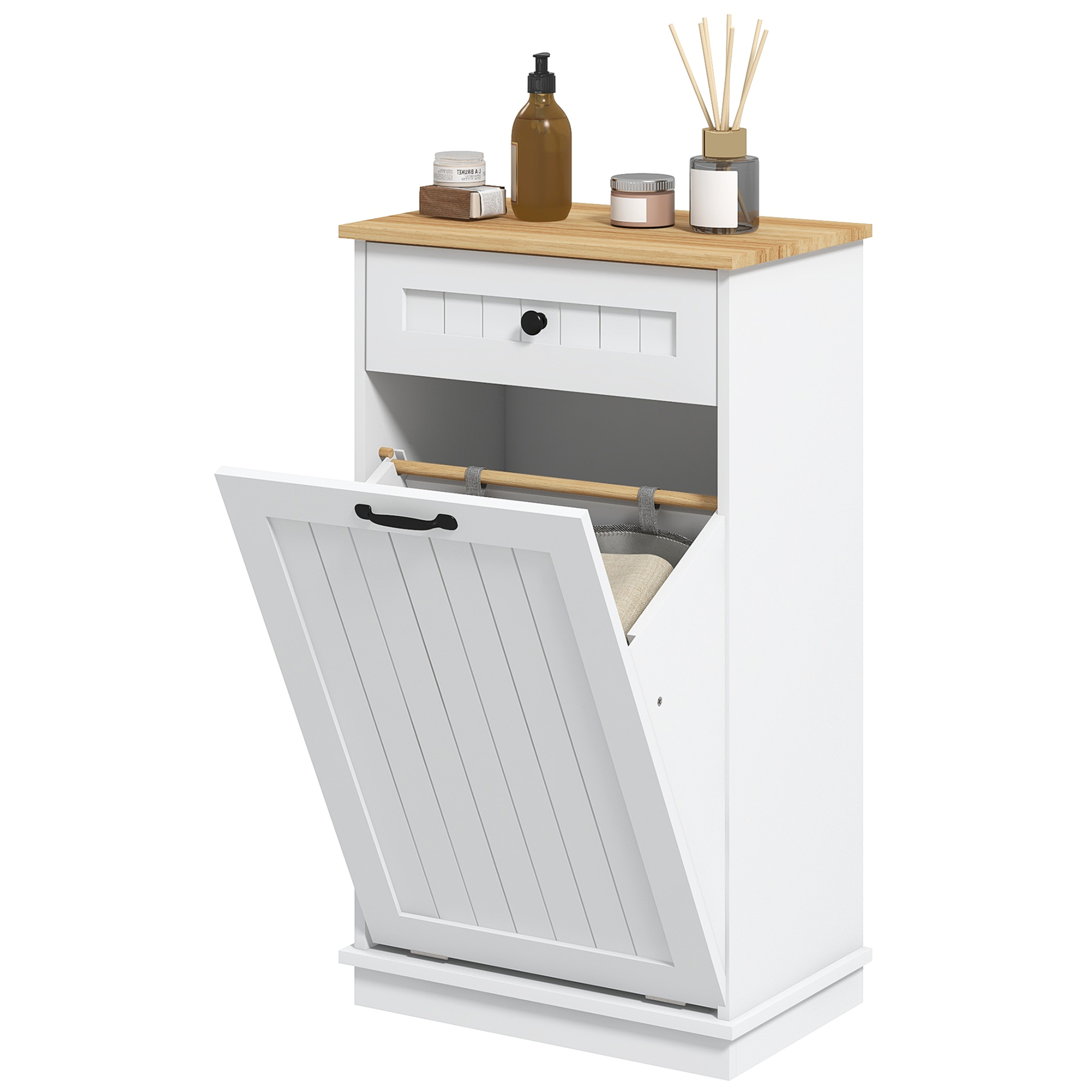 Weißer Badezimmerschrank Aus Holz Mit Kippbarem Wäschekorb Aus Stoff Und Schublade