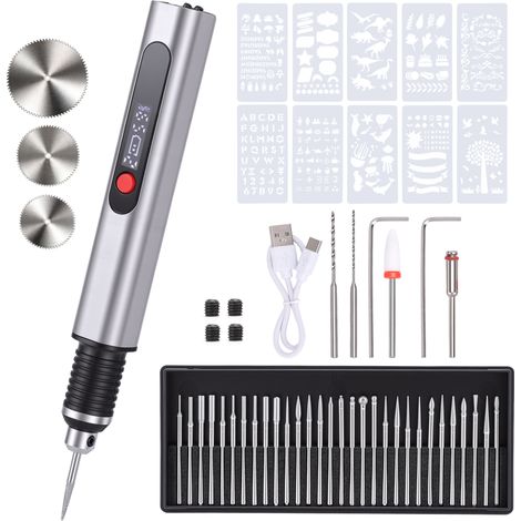 Mini-akku-elektrogravierstift Für Metall, Glas, Keramik, Kunststoff, Holz, Schmuck Mit 30 Spitzen, 10 Schablonen Und 1 Konturenstift (silber)