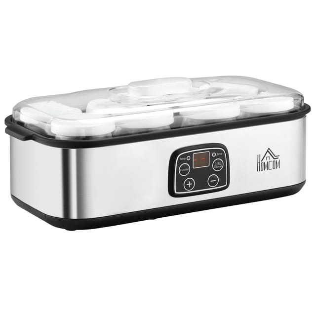 Homcom Joghurtbereiter Griechische Joghurtmaschine Mit Deckel, 8 Bpa-freier Glas-innenbehälter À 180 Ml, Joghurt Maker Mit Lcd Display Timer, Für Bis Zu 1,4 Liter Joghurt 25 W Silber