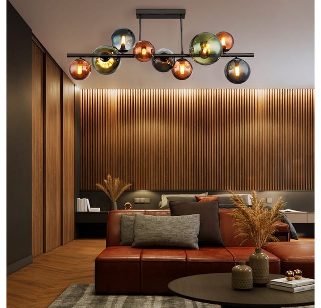 Led Deckenleuchte 9 Flammig Deckenlampe Glaskugeln Esszimmerleuchte Kugeln, bronze petrol grün, 9x 3,5W 350Lm warmweiß, LxBxH 87x30x38 cm