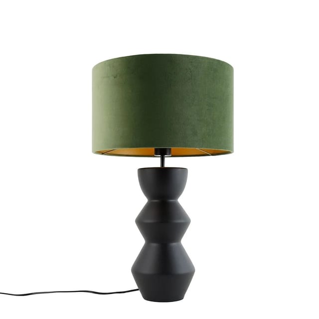 Design Tischleuchte schwarzer Samt-Schirm grün mit Gold 35 cm - Alisia
