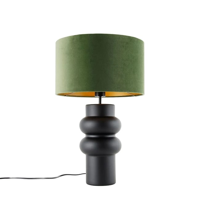 Design Tischleuchte Schwarz Samt Schirm Grün mit Gold 35 cm - Alisia