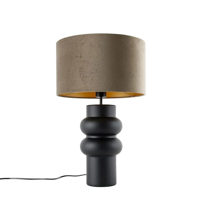 Design Tischleuchte schwarzer Samt-Schirm Taupe mit Gold 35 cm - Alisia