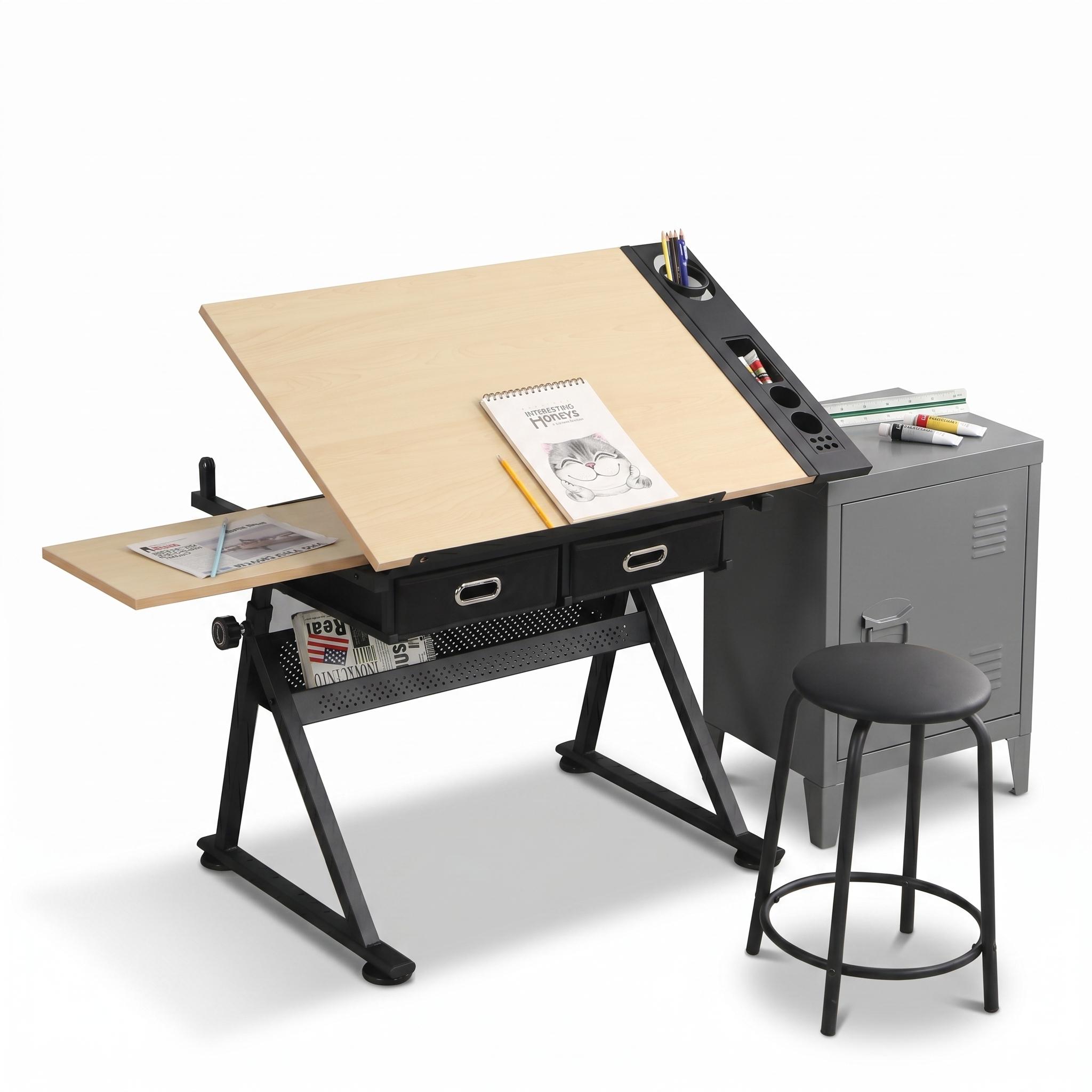 Furniturer Zeichentisch Set Höhenverstellbar Mit Metallschrank Multifunktionaler Schreibtisch Neigbare Tischplatte 0-75 Grad Stauraum Arbeitsstation Home Office Ahornfarbe Grau