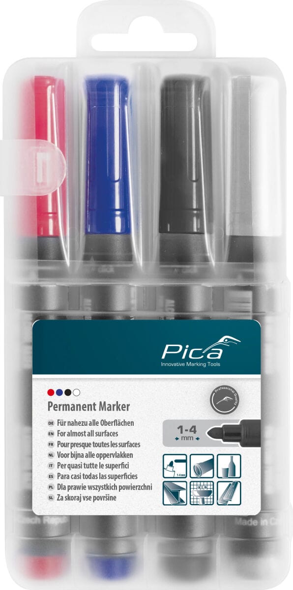 Pica - 4 x Permanent Marker Set 1-4mm Rot Blau Schwarz Weiß