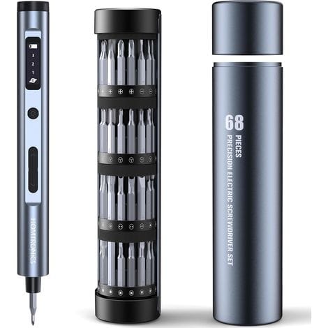 68-in-1 Präzisions-Mini-Elektroschraubendreher, 3 einstellbare Drehmomentstufen, kabellos und wiederaufladbar mit 60 S2-Bits für Uhren, Brillen,